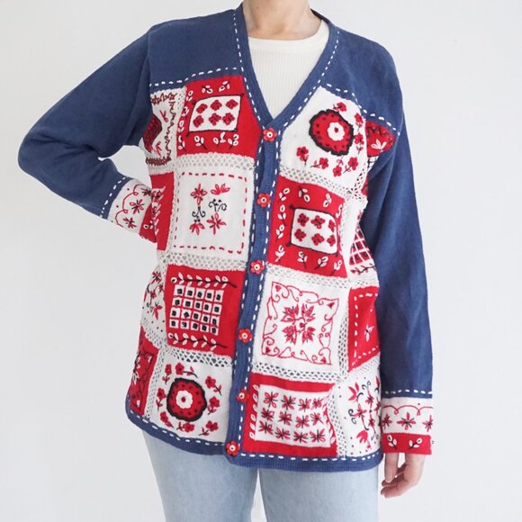 Sweaters - Vintage Storybook Knits Red White Blue Patchwork Embroidered Grandma Cardigan L